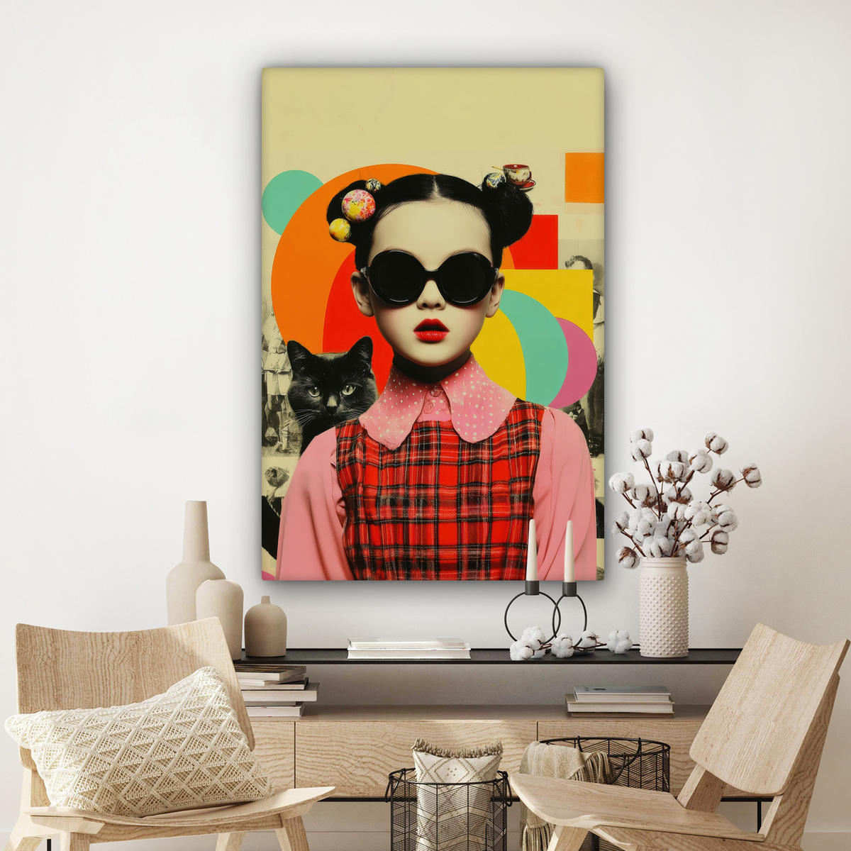 LEINWANDBILD Mädchen - Sonnenbrille - Katze - Retro Deko XXL 80x120 cm - Beige, Textil (80/120cm) - MuchoWow