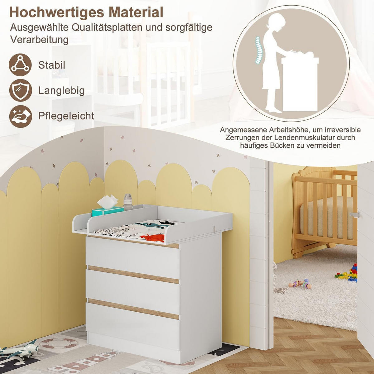 WICKELKOMMODE mit 3 Schubladen Weiß+Eiche 48 x 80 x 78 cm - Eichefarben, Holzwerkstoff (80/78/48cm) - Woltu