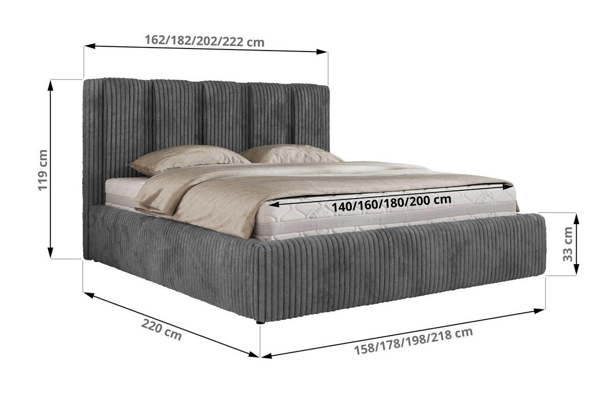 POLSTERBETT SAVINO CLASSIC 160/200 - Grau Cord - Schaum-Matratze - Grau, Textil (160/200cm) - MKS