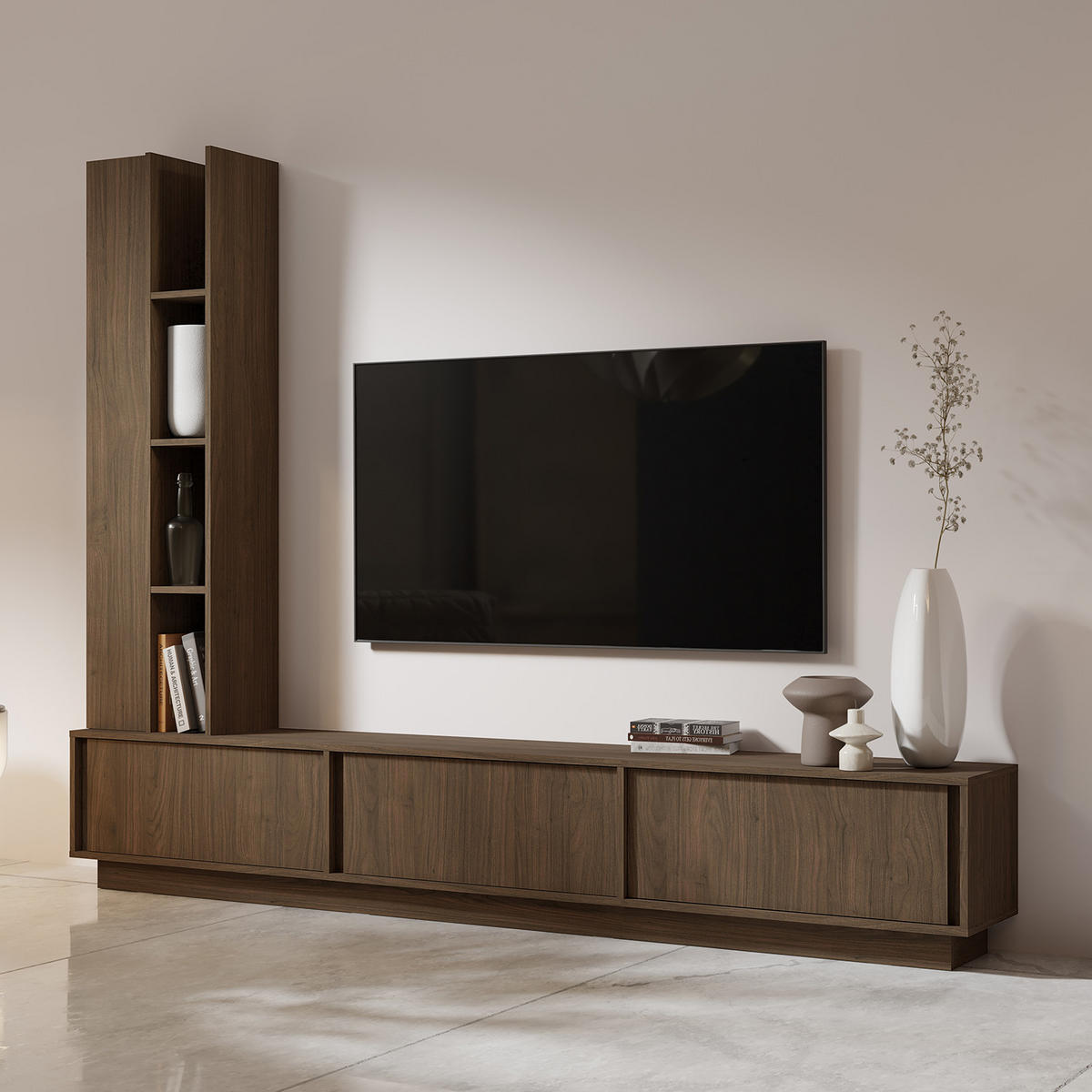 TV STOLEK Vero se 3 dvířky, závěsný nebo stojící, 230 cm, ořechová barva - barva vlašského ořechu, kompozitní dřevo (230/40/35cm) - Beautysofa