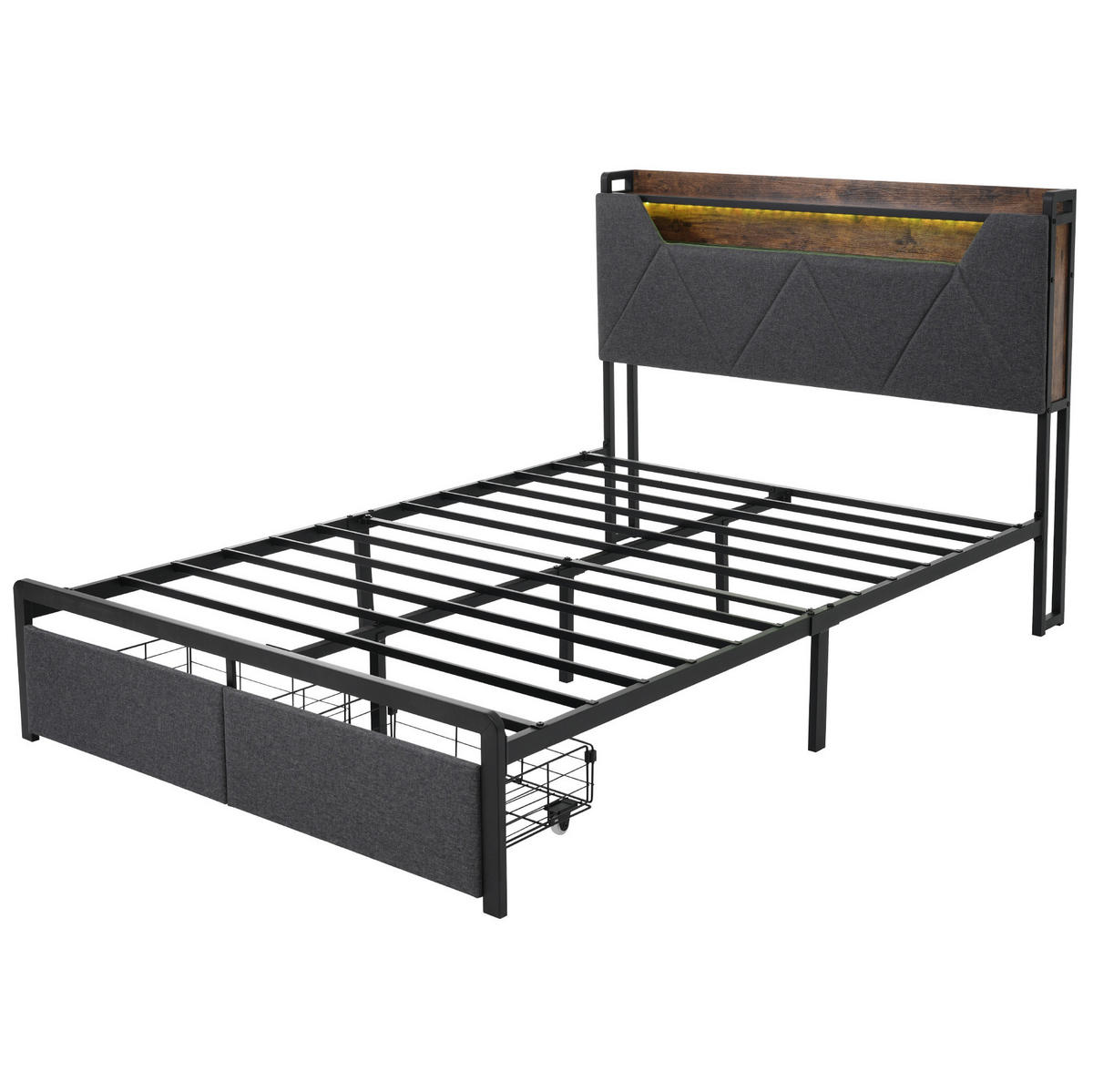 POLSTERBETT 160/200 cm mit LED, USB- und Typ-C-Anschluss, Stauraum-Kopfteil und 2 Schubladen, Grau - Grau, Textil (160/200cm) - Redom