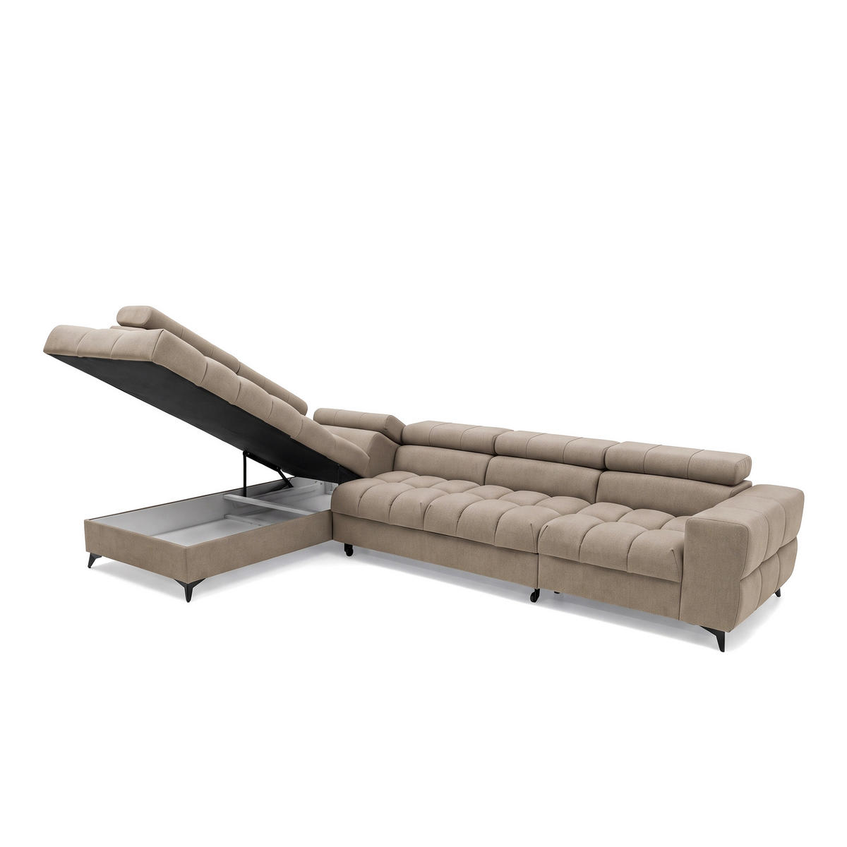 ECKSOFA PUDDING MAXI L Links mit Schlaffunktion 125x195 Velours Beige - Beige/Schwarz, Holz/Textil (203/350cm) - Muffo