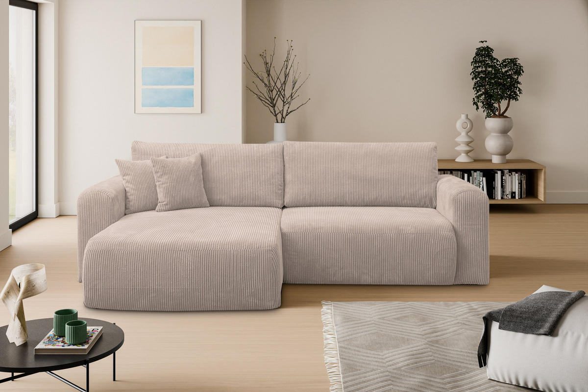 ECKSOFA Roma, Eckcouch in L-Form mit Schlaffunktion und Bettkasten, Farbe: Braun, Cordstoff, Ottomane Universal - Braun, Textil (244/142cm) - VENASI MÖBEL