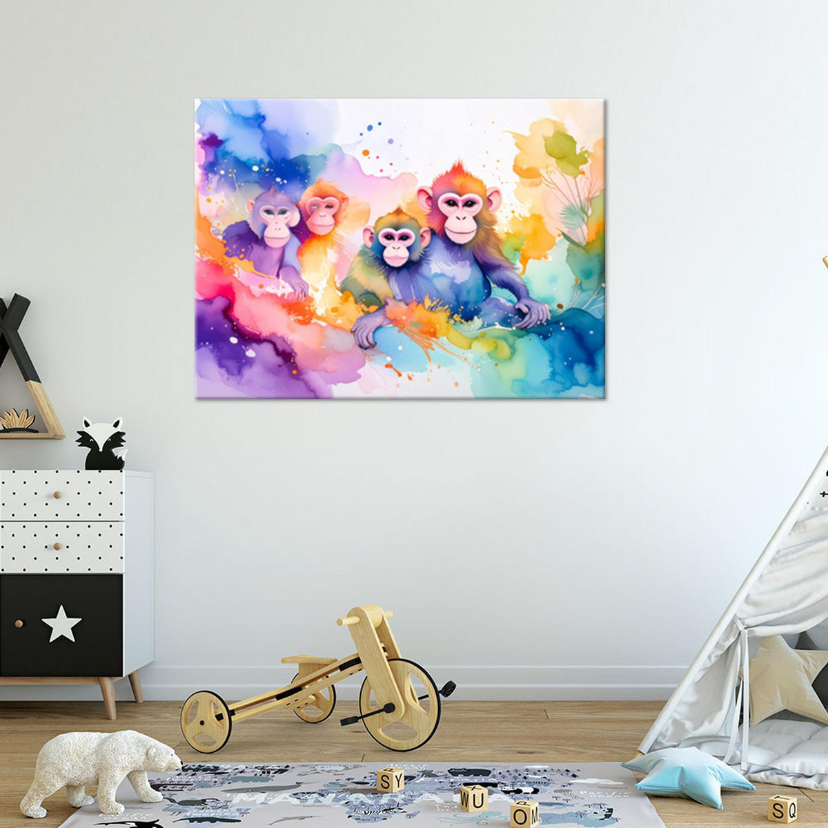 LEINWANDBILD Bunte Affen im Dschungel Aquarell 60x40cm - Multicolor, Textil (60/40cm) - Feeby