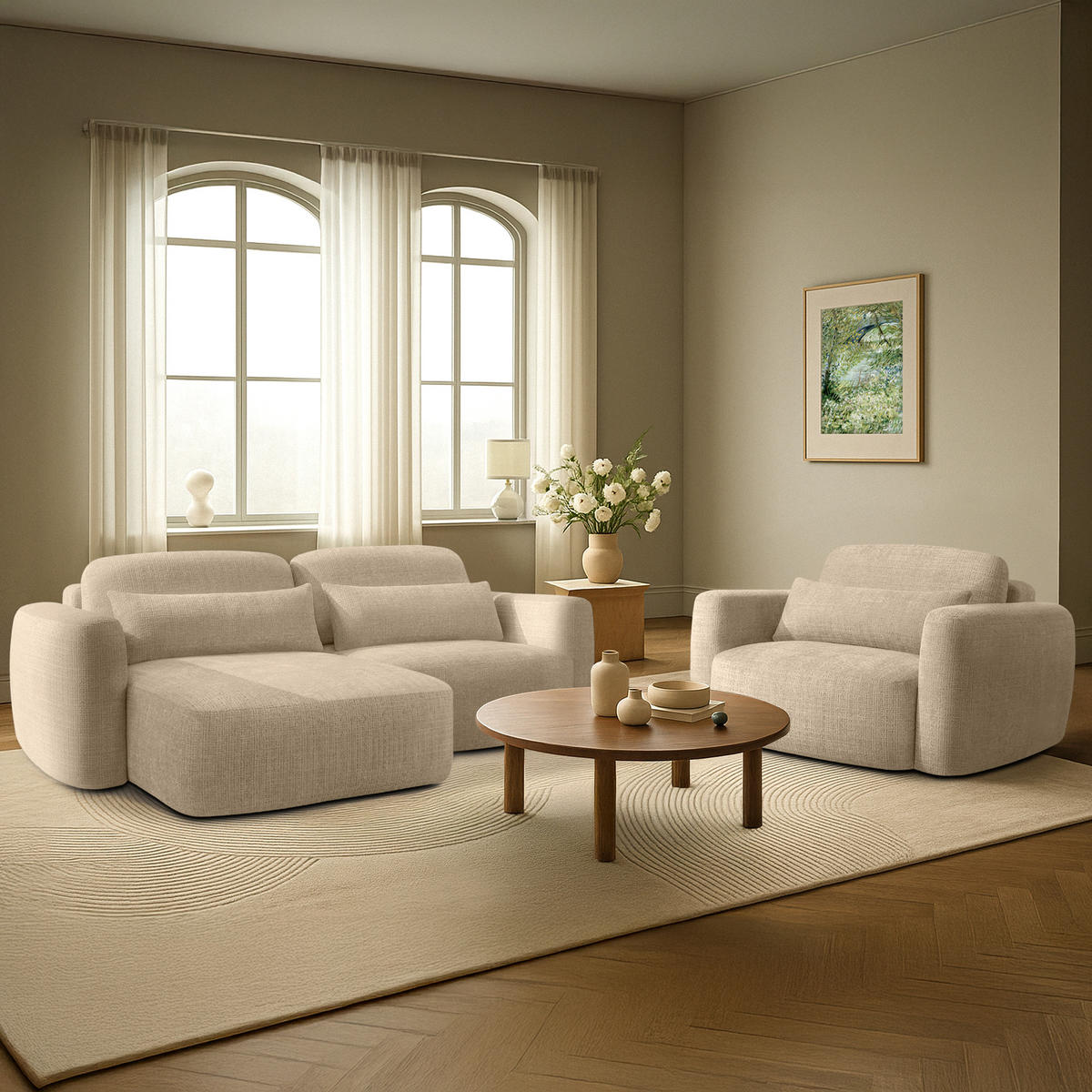 SITZGARNITUR ELOSA - Creme, Holz/Textil (245/85/165cm) - KONSIMO®