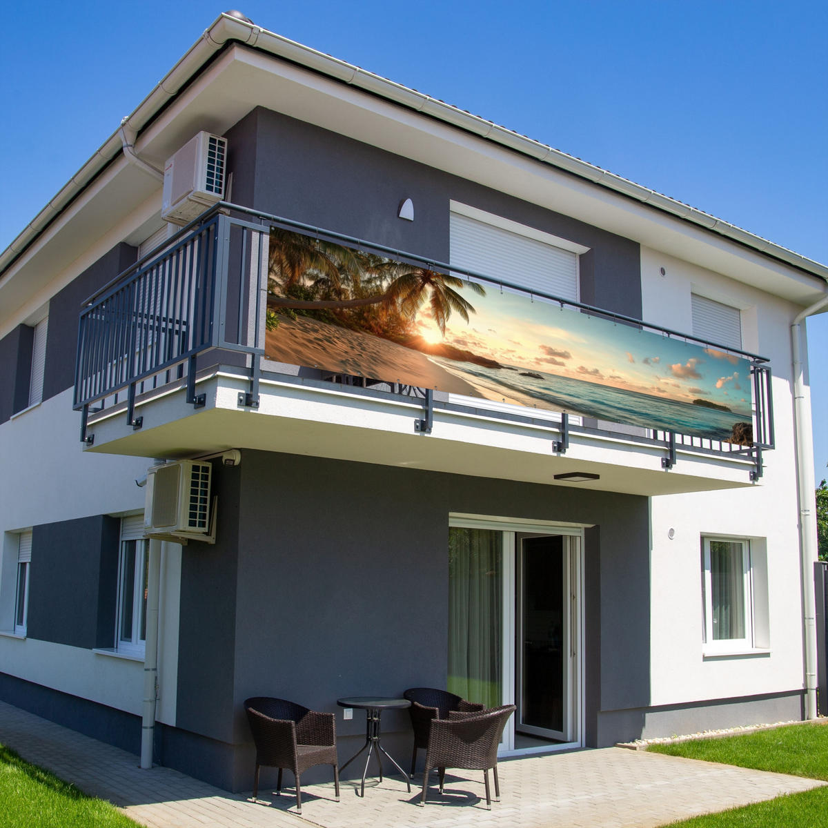 BALKON-SICHTSCHUTZ Strand - Palmen - Meer - Sonnenuntergang 500x110 cm - Samtahornfarben, Kunststoff (500/110cm) - MuchoWow