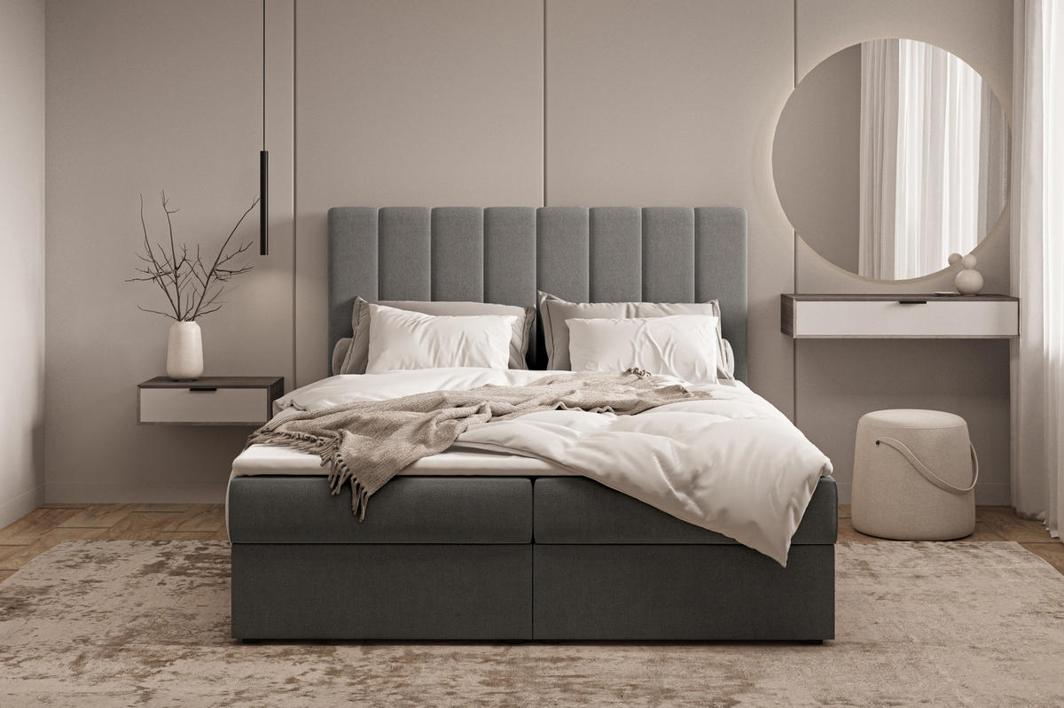 BOXBETT 01 140 x 200 cm - Manila – Stilvoll und bequem Mit Bettkasten, PU-Topper, Federmechanismus, waschbarer Bezug - Graphitfarben, Holz (140/200cm) - ROYAL24_MARKT