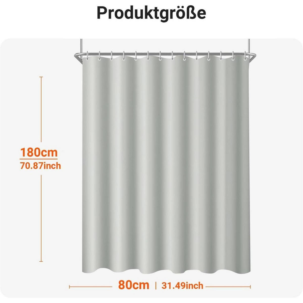 DUSCHVORHANG Grau 80 x 180 cm mit beschwertem Saum und 6 Ringen - Grau, Textil (80/180cm)
