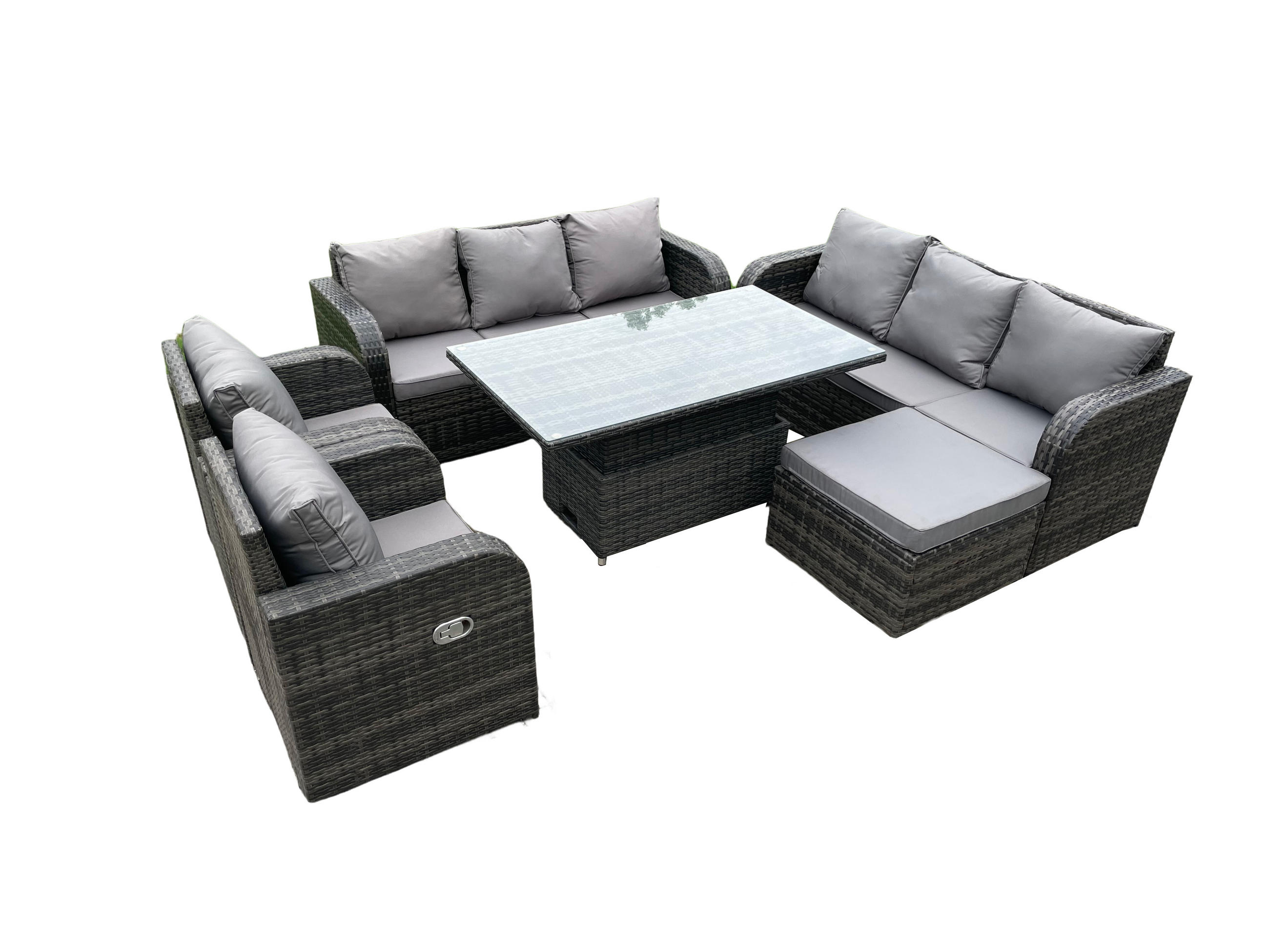SITZGRUPPE GARTENSET Polyrattan Outdoor 9-Sitzer - Dunkelgrau/Grau, Glas/Kunststoff - Fimous