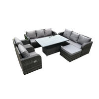 SITZGRUPPE GARTENSET Polyrattan Outdoor 9-Sitzer - Dunkelgrau/Grau, Glas/Kunststoff - Fimous