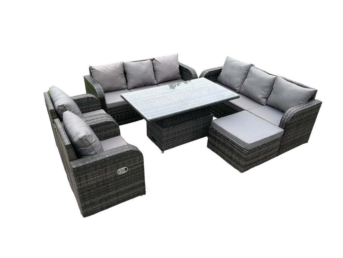 SITZGRUPPE GARTENSET Polyrattan Outdoor 9-Sitzer - Dunkelgrau/Grau, Glas/Kunststoff - Fimous