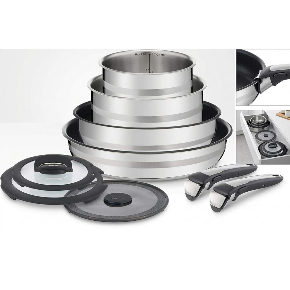 PFANNENSET L9070 Ingenio 9-teilig Bratpfannen Schmorpfannen Stieltöpfe Silber - Silbereichenfarben, Metall - Tefal