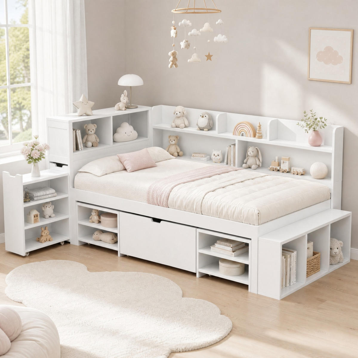 KINDERBETT 90/200 mit Schubladen, Bücherregalen und Stauraum in Weiß - Weiß, Holzwerkstoff (90/200cm) - EVRYAE
