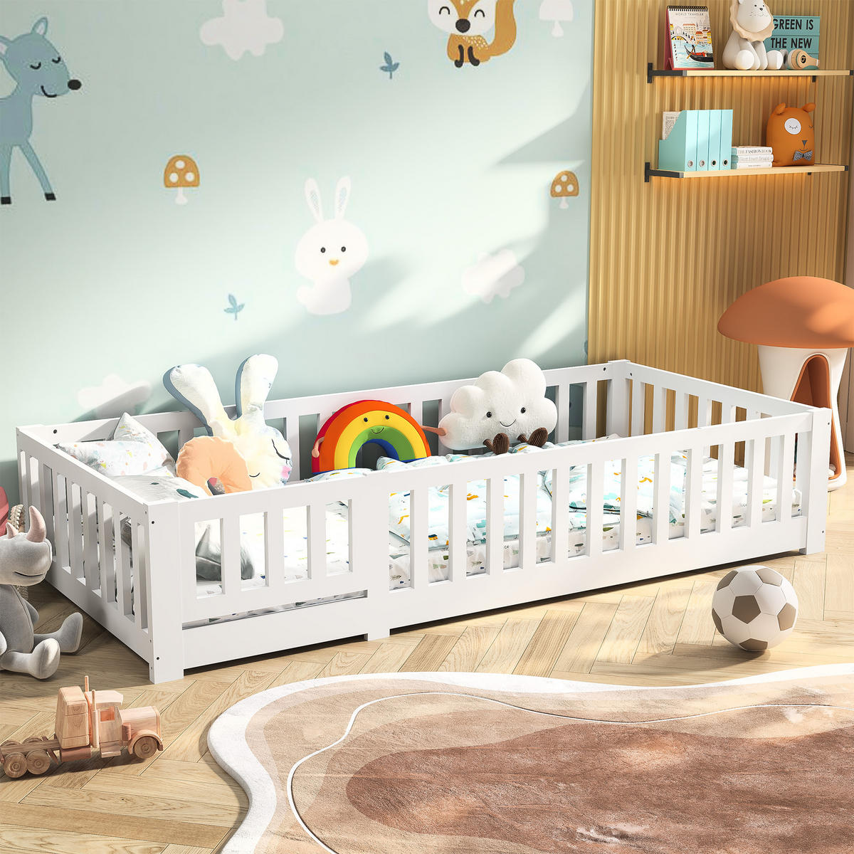 KINDERBETT 90x200 Bodenbett mit Rausfallschutz, Montessori Bett aus Massivholz - Weiß, Holz/Metall (90/200cm) - PARAFTA HOME