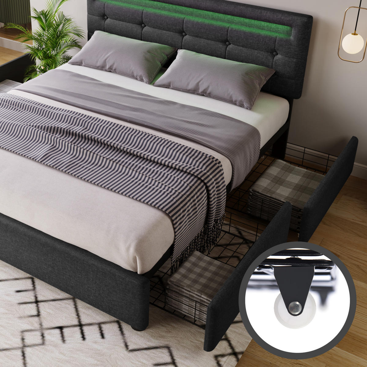 POLSTERBETT 140/200 cm mit LED-Kopfteil, 4 Schubladen & verstellbarem Kopfteil, Grau - Grau, Textil (140/200cm) - Redom