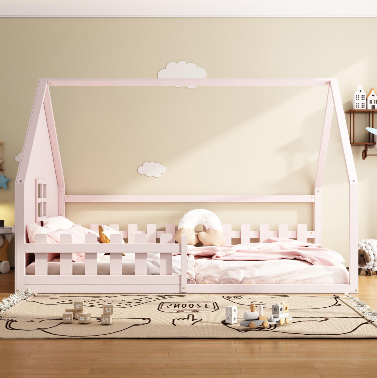 KINDERBETT 140/200 cm im Hausdesign mit Geländer aus Kiefer und MDF, Rosa - Rosa, Holzwerkstoff (140/200cm) - Redom