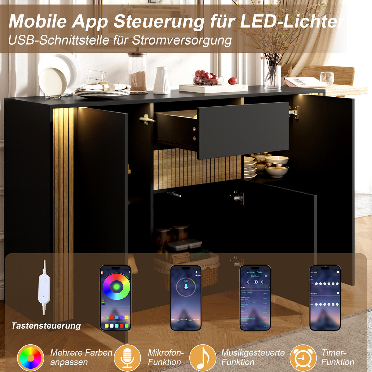 SIDEBOARD in Schwarz und Natur 140x40x82 cm mit 3 Türen, Schublade und verstellbarer LED-Beleuchtung - Schwarz, Holzwerkstoff (40/82/140cm) - IVMEU