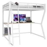 HOCHBETT aus Metall und MDF 140x200 cm Weiß mit LED-Beleuchtung, Schreibtisch, USB-Anschluss, Steckdose und Treppe - Weiß, Metall (140/200cm) - Modfu