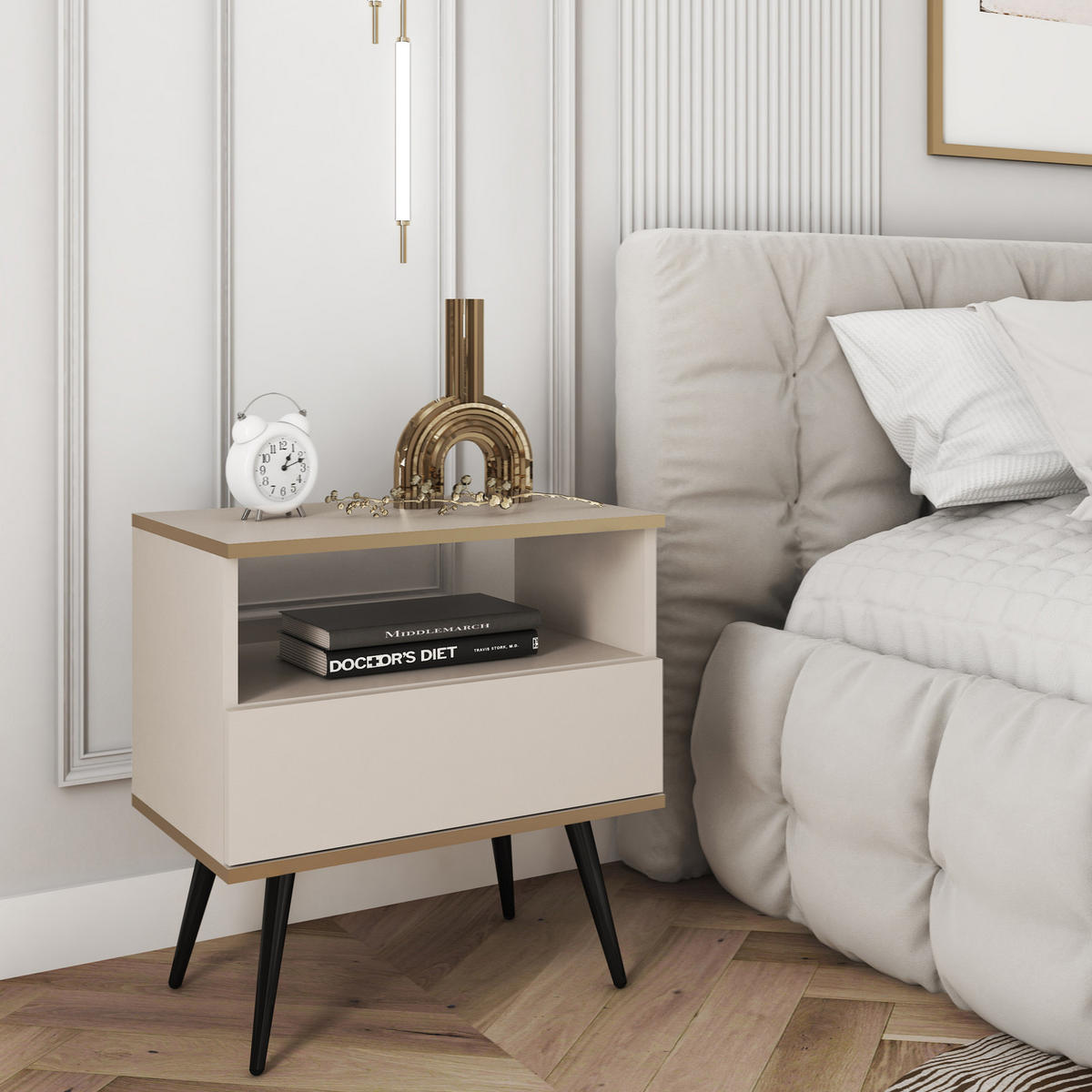 NACHTTISCH FORNO (Beige, Goldene Details, 1 Schublade, offenes Fach, schwarze Metallfüße) - Beige/Schwarz, Holz/Holzwerkstoff (54/59/39cm) - Ravio