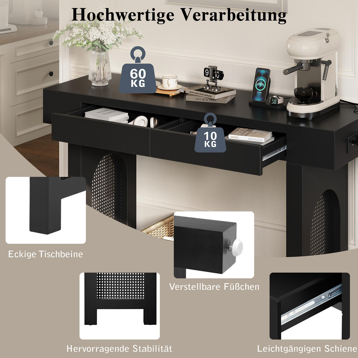 KONSOLENTISCH mit gitterdesign, 2 schubladen & integrierter steckdose - Schwarz, Holzwerkstoff (35.5/120/76.5cm) - Urban Meuble