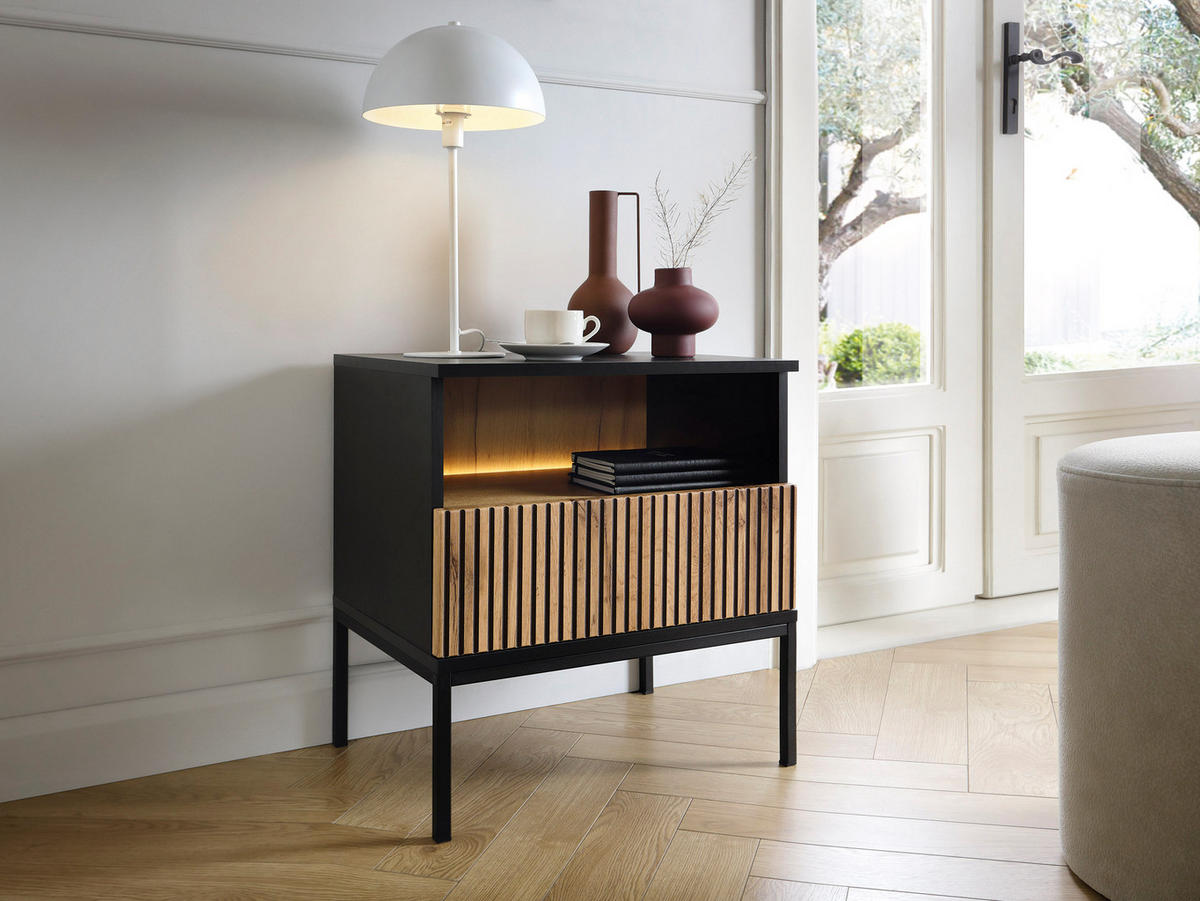 NACHTTISCH 50 cm Haller mit Lamellen, LED-Beleuchtung, Braun - Braun, Holz (54/56/39cm) - Emporius