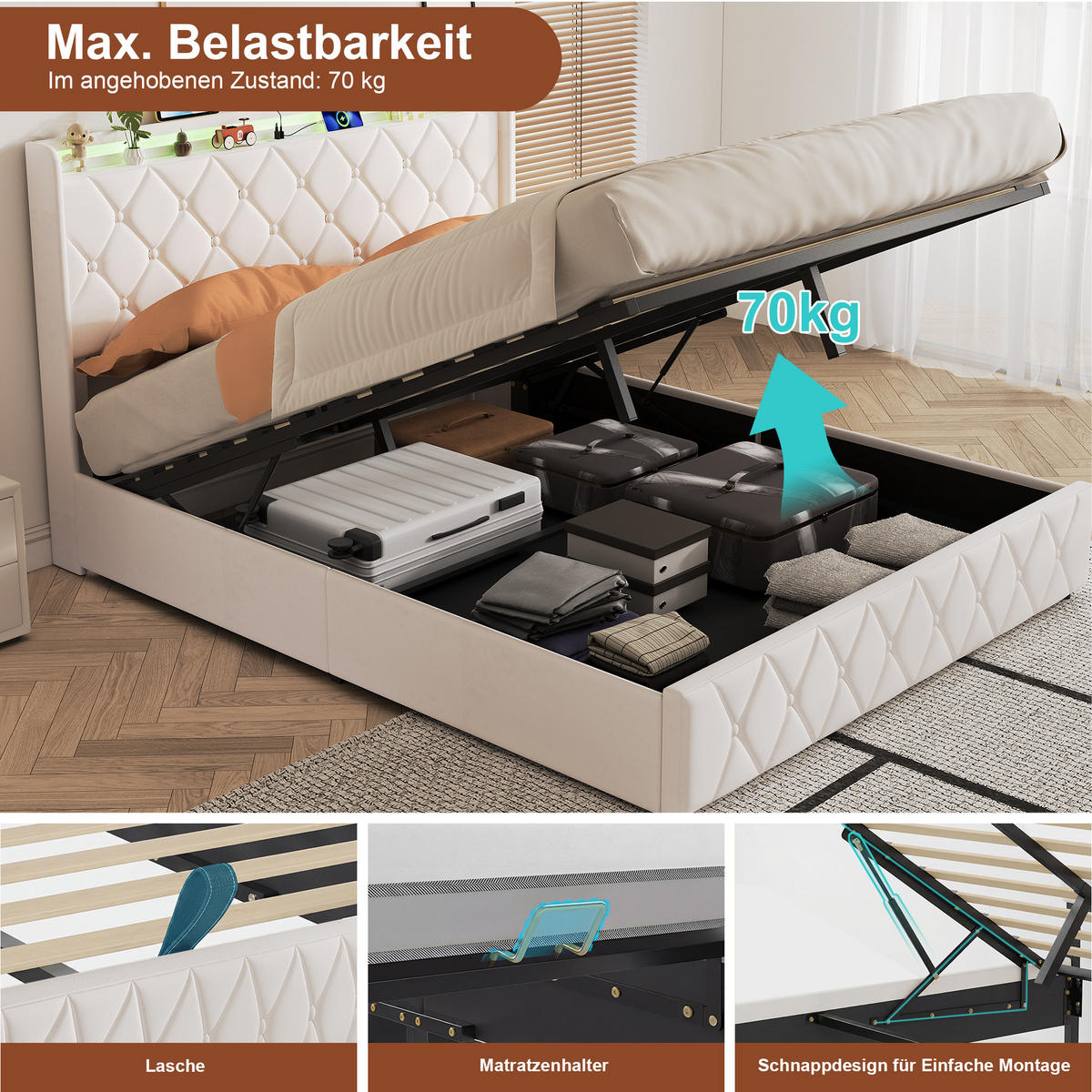 POLSTERBETT 140x200 cm Beige mit RGB-LED, USB-C & hydraulischem Stauraum - Beige, Holz (140/200cm)