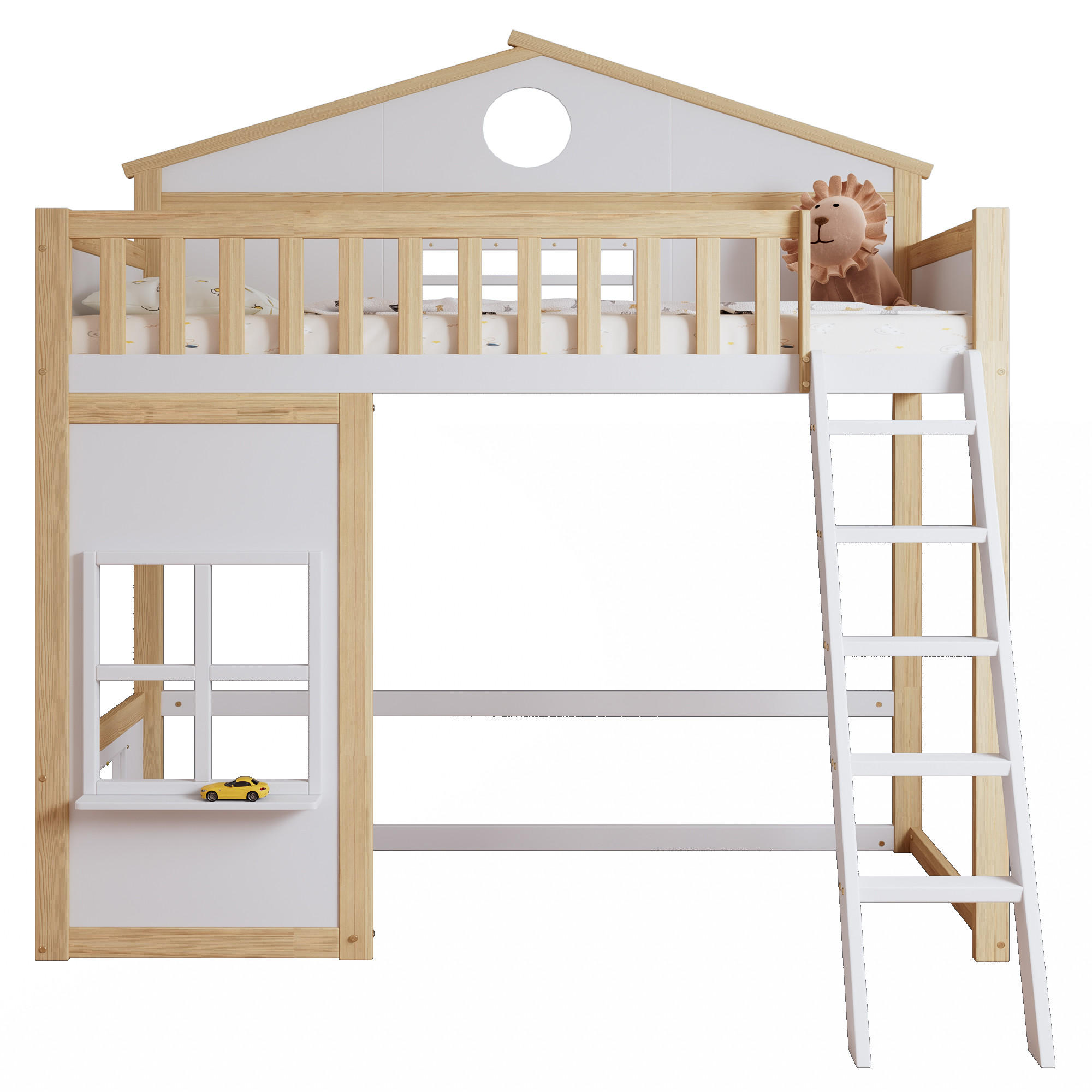 STILVORA ETAGENBETT 90/200 cm in Weiß & Natur mit Treppe, Fallschutz und Dach Kinderbett