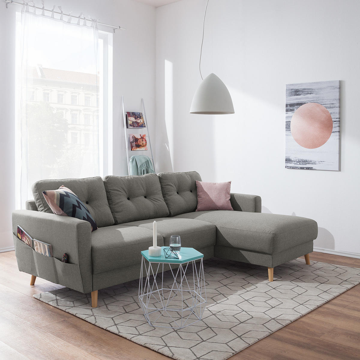 ECKSOFA mit Longchair - Hellbraun/Grau, Textil (233/148cm) - home24