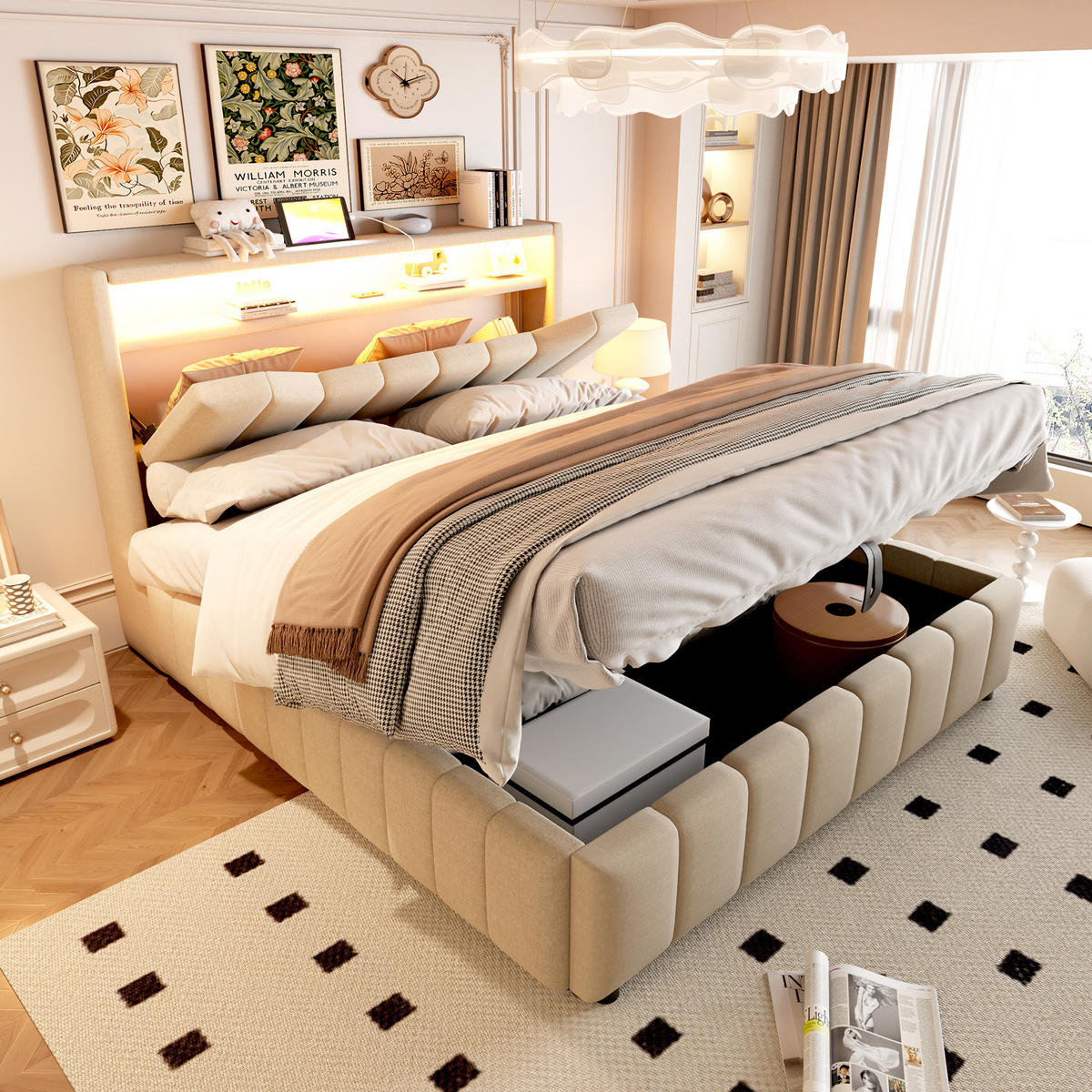 POLSTERBETT 140x200 cm in Beige mit hydraulischem Stauraum, LED und USB-/USB-C-Anschlüssen - Beige, Textil (140/200cm) - IVMEU