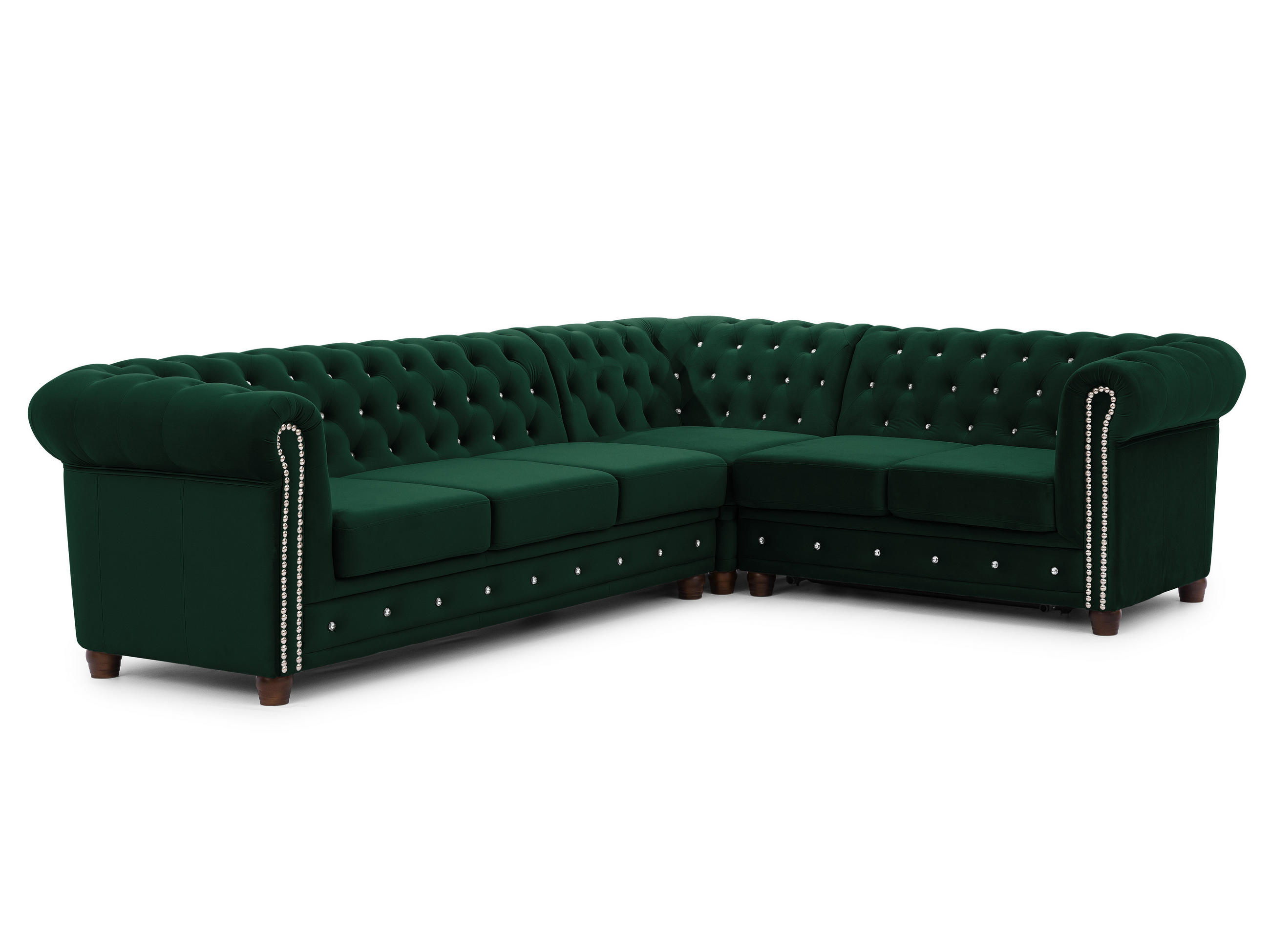 ECKSOFA mit Schlaffunktion Chesterfield Flasche Grün Samt mit Kristallsteppung und braunen Massivholzfüßen - Ottomane Rechts - Braun/Grün, Holz/Textil (264/210cm) - S-Style Möbel