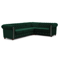 ECKSOFA mit Schlaffunktion Chesterfield Flasche Grün Samt mit Kristallsteppung und braunen Massivholzfüßen - Ottomane Rechts - Braun/Grün, Holz/Textil (264/210cm) - S-Style Möbel