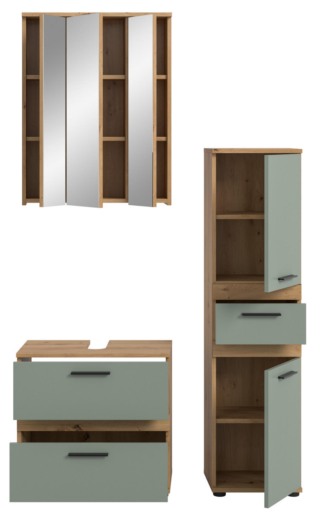 BADMÖBEL-SET 3-teilig Salbei grün, Artisan Eiche 110 x 191 cm, moderne Badkombination - Salbeigrün/Schwarz, Glas/Holzwerkstoff (110/191/34cm) - Inn.Furn