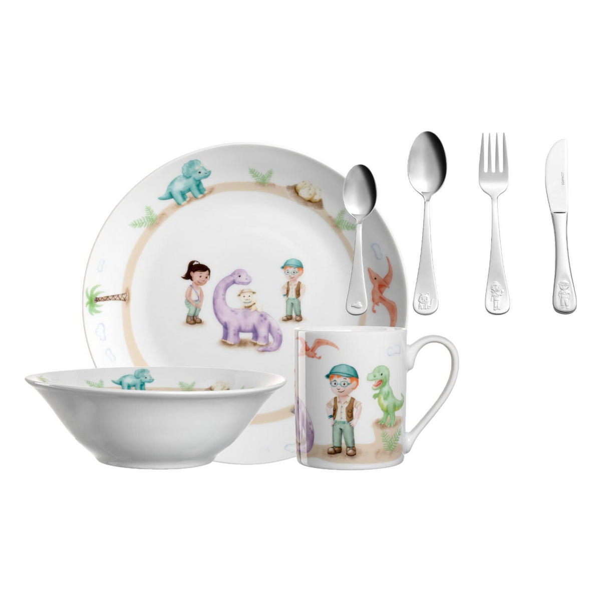 KINDERGESCHIRR SET MIT BESTECK BAMBINI AVVENTURA Dino - Grün, Keramik/Kunststoff (1/1/1cm) - Leonardo Living