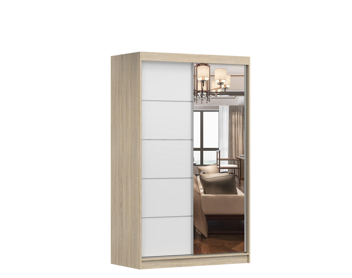 SCHIEBETÜRENSCHRANK - NOAH 05 Sonoma + Weiß - Weiß/Sonoma Eiche, Holzwerkstoff/Metall (120/200/61cm) - Möblo