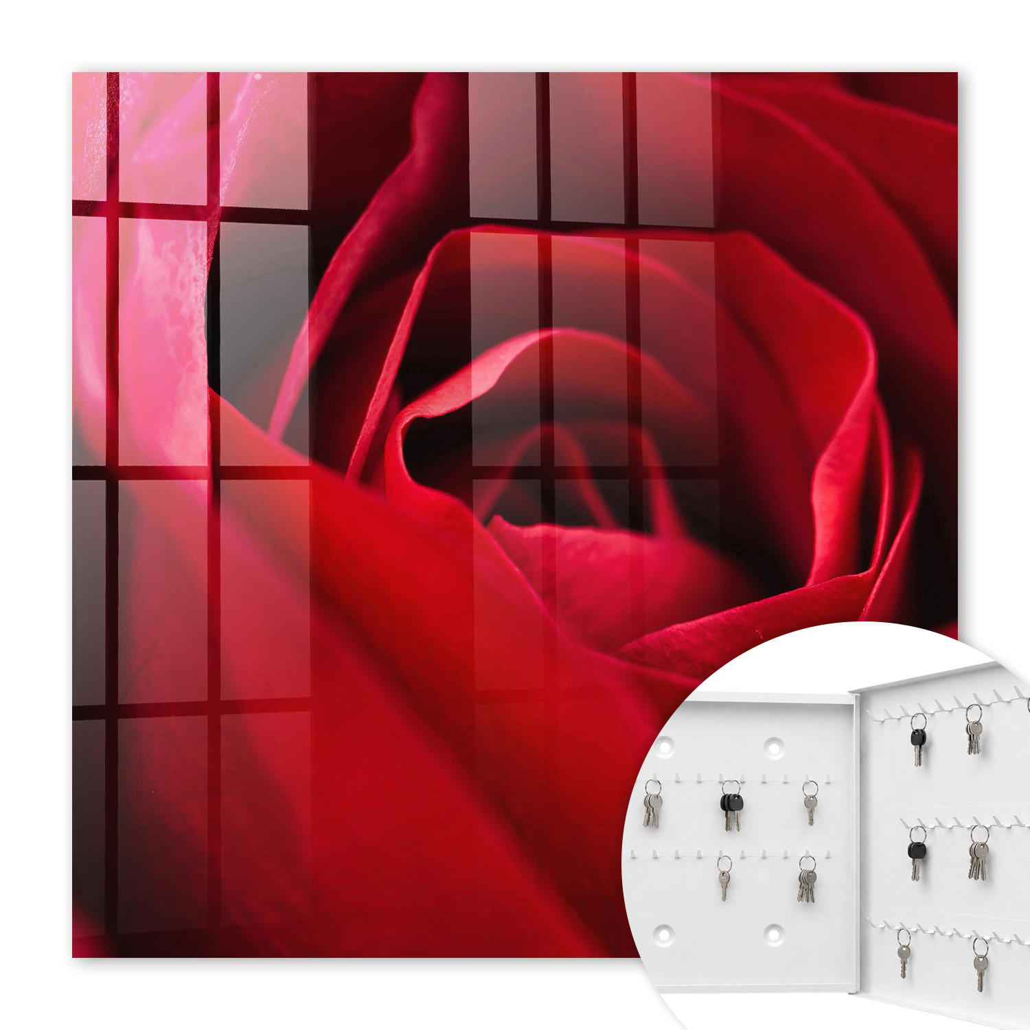 SCHLÜSSELBOX Weiß 30x30 cm – Türöffnung nach rechts - Rose (Nahaufnahme) - Rot, Metall (30/30/5cm) - TULUP