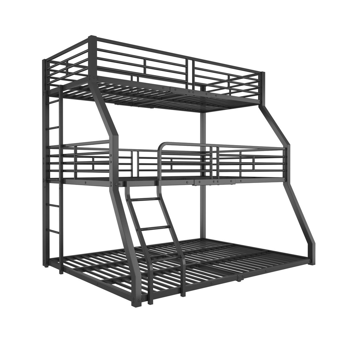 ETAGENBETT 90/200 cm aus Metall mit 3 Schlafplätzen und Sicherheitsgeländern - Schwarz, Metall (90/200cm) - BEAOK