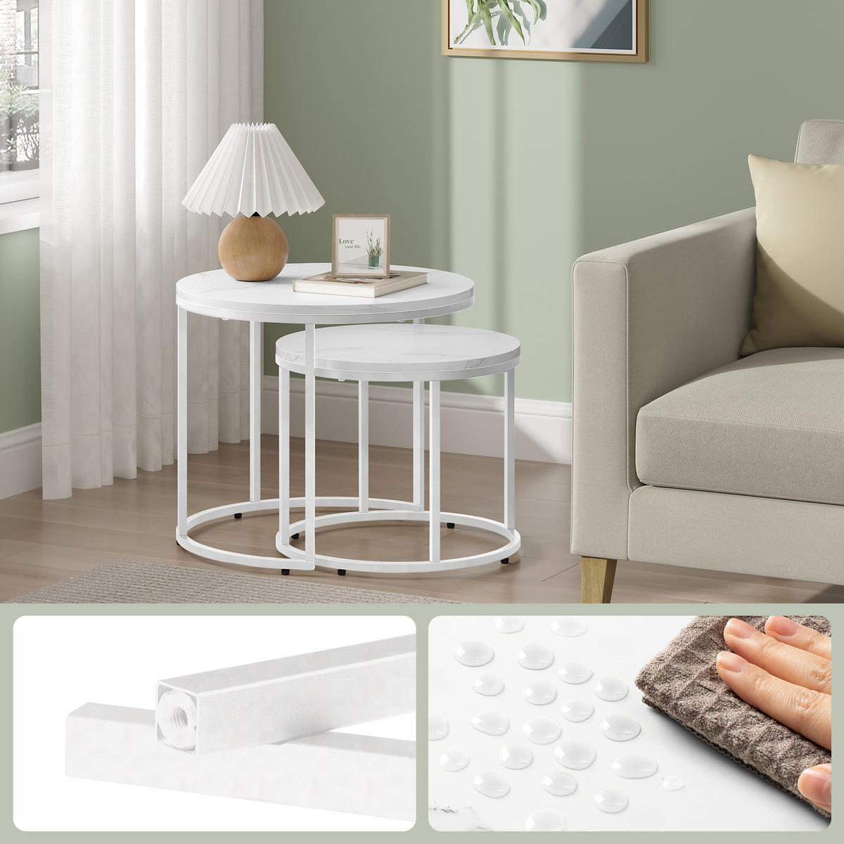 COUCHTISCH 2er Set rund marmor - Weiß, Holzwerkstoff (53/53/45cm) - Mat-Haus