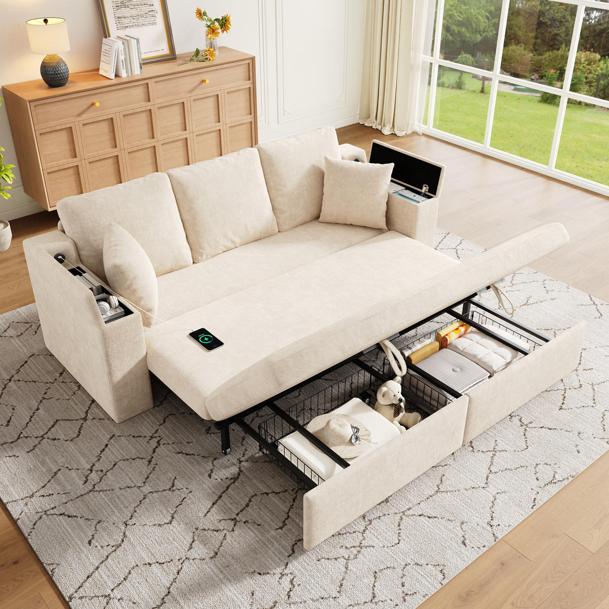 SCHLAFSOFA mit Schlaffunktion, Stauraum, USB & Type-C in Beige - Beige, Textil (210.5/93/192cm) - EVRYAE