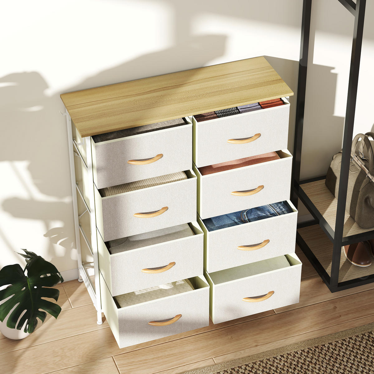 KOMMODE Schrank mit 8 Schubladen aus Stoff, Haken, Seitentasche, Stahlrahmen - Beige/Naturfarben, Holz/Textil (30/94.5/86cm) - HOMCOM