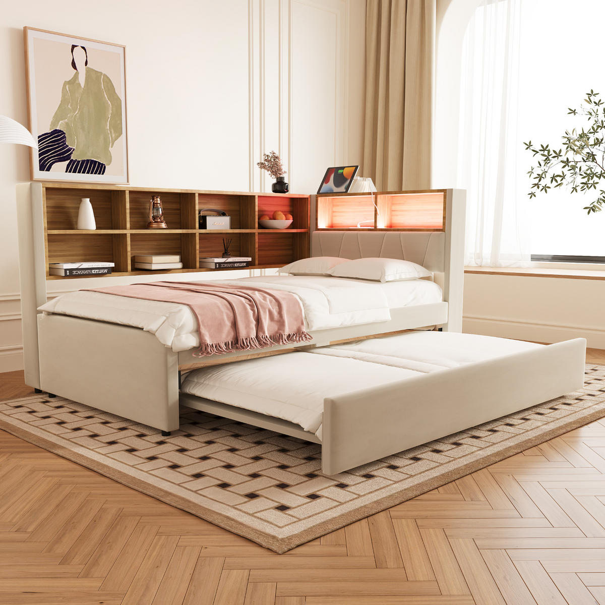 AUSZIEHBETT 90/200 cm DE-01984, in Beige, mit LED und Steckdosen - Beige, Metall (90/200cm) - ComfortXL