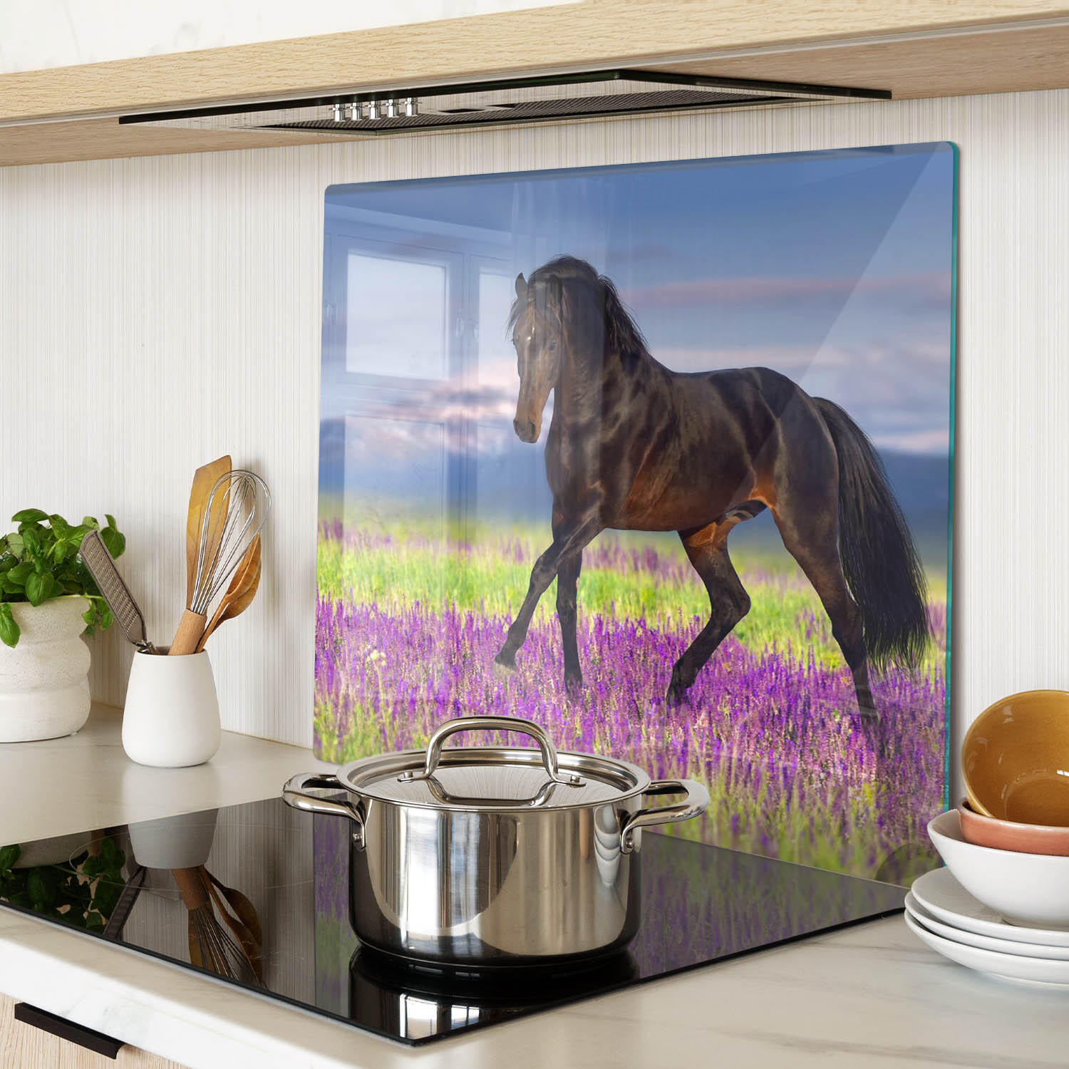 GLASPLATTE 60x52 cm Pferd Lavendelfeld - Violett, Glas (60/52cm) - TULUP