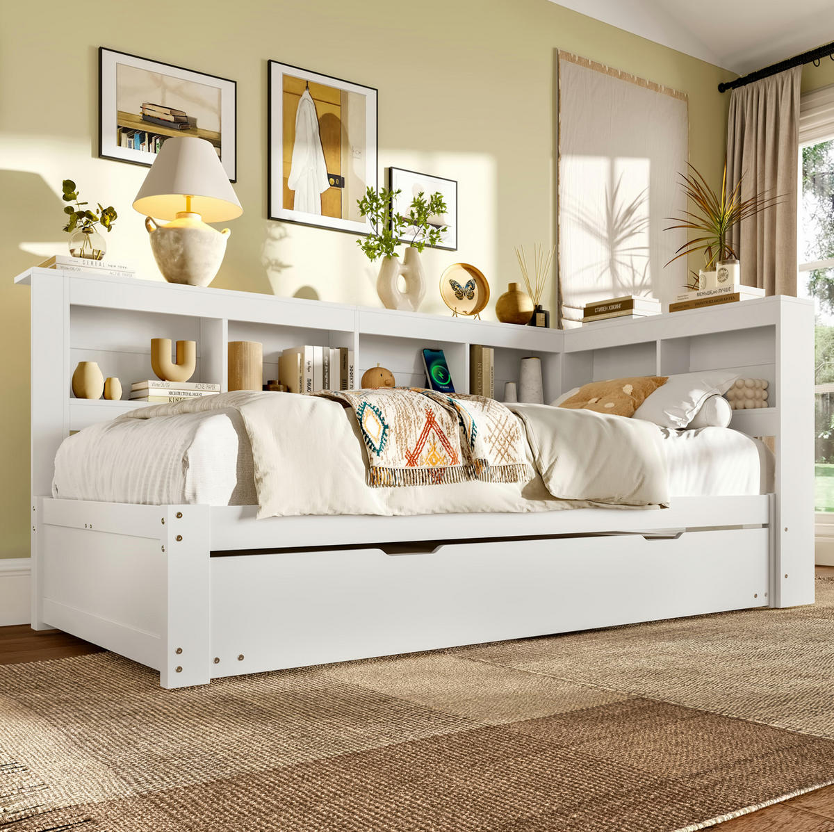 BETT 90/200 cm mit ausziehbarem Rollbett und USB, inkl. Lattenrost - Weiß, Holz (90/200cm) - BEAOK