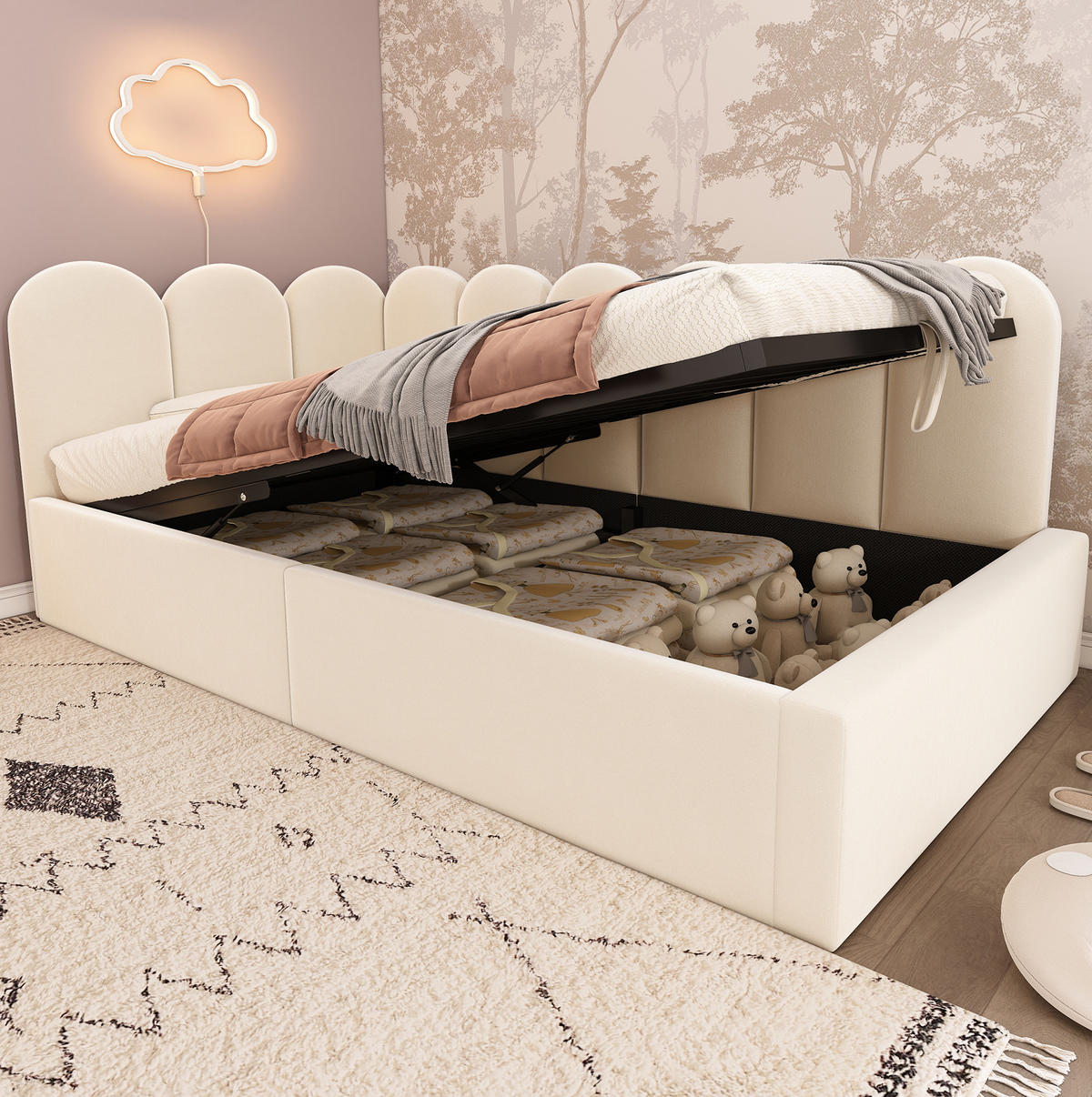 KINDERBETT 90/190 cm aus Samt mit Stauraum in Beige - Beige, Textil (90/190cm) - Flora Grace