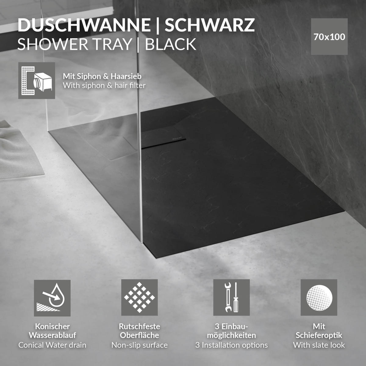 SPRCHOVÁ VANU 100x70 cm černá se sifonovou sadou z SMC - černá, plast (70/3/100cm) - LuxeBath