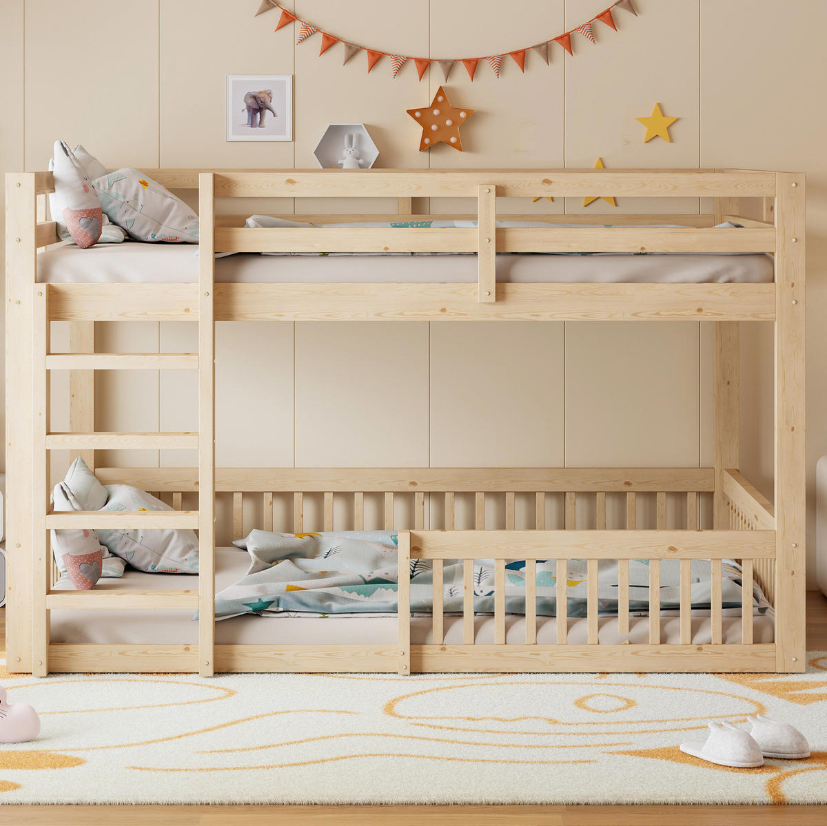 ETAGENBETT 160/200 cm aus Kiefernholz und MDF mit Geländern, Natur - Naturfarben, Holzwerkstoff (160/200cm) - OKMYHOME