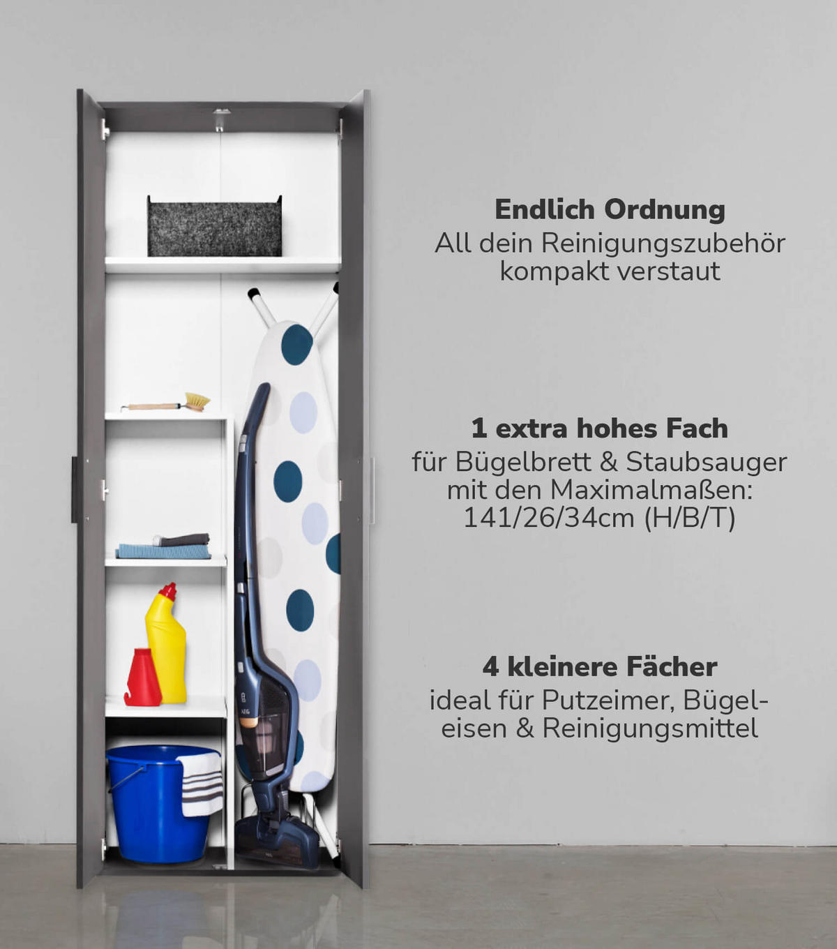 BESENSCHRANK Der Lange - Anthrazit/Schwarz, Holzwerkstoff (60/180/34cm) - Mokebo
