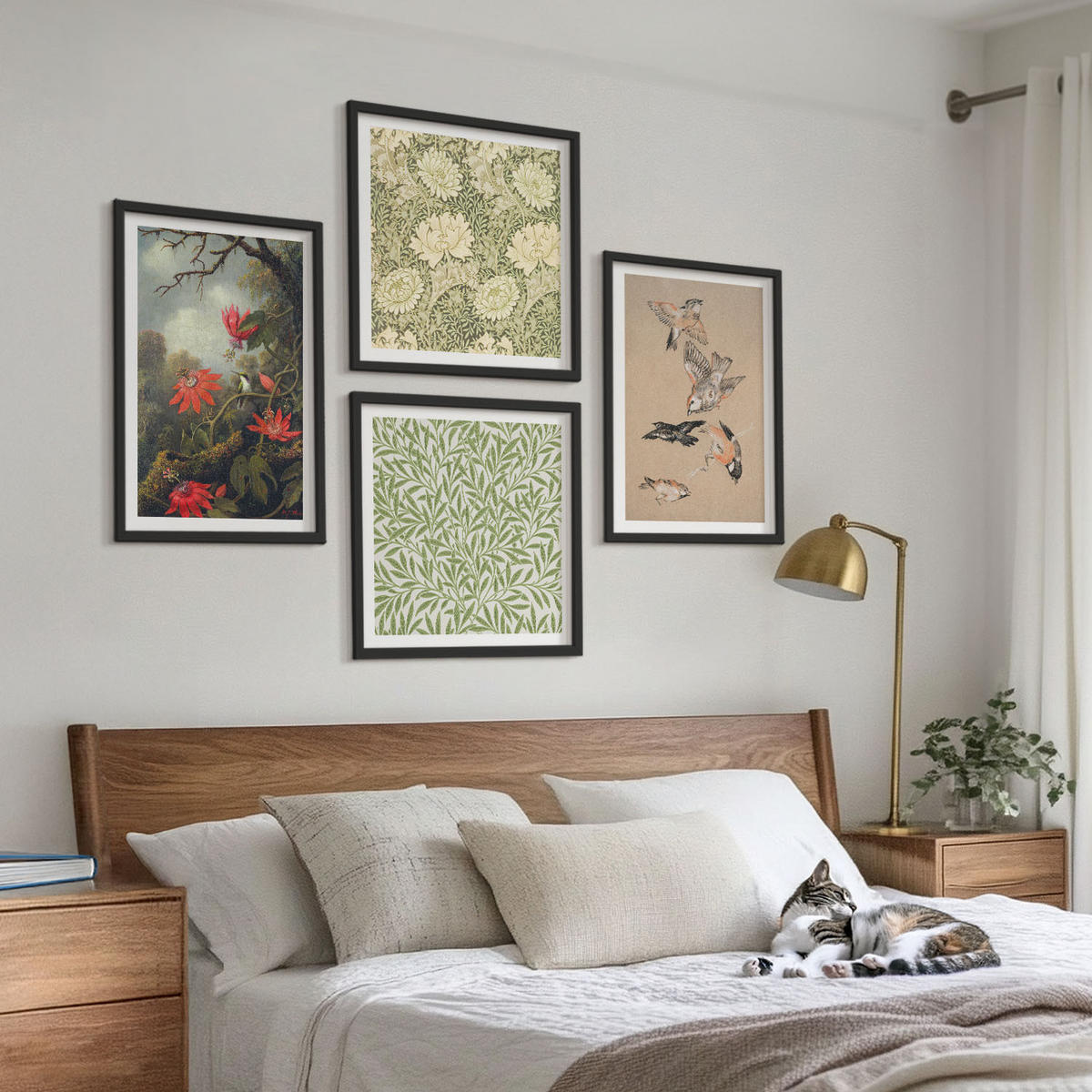 BILDER SET 4er Set - 50x50 cm & 40x60 cm Schwarzer Rahmen - Blumen und Vögel in natürlicher Umgebung - Schwarz, Kunststoff (50/50cm) - TULUP