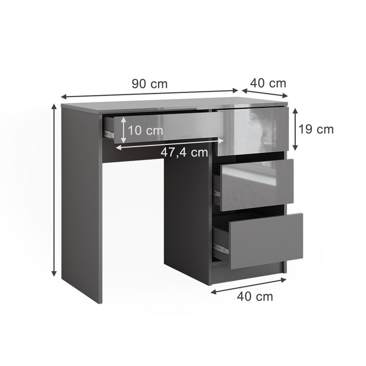SCHREIBTISCH Sherry Grau Hochglanz 90 x 40 cm mit Schubladen - Grau, Holzwerkstoff (40/90/75cm) - Vicco