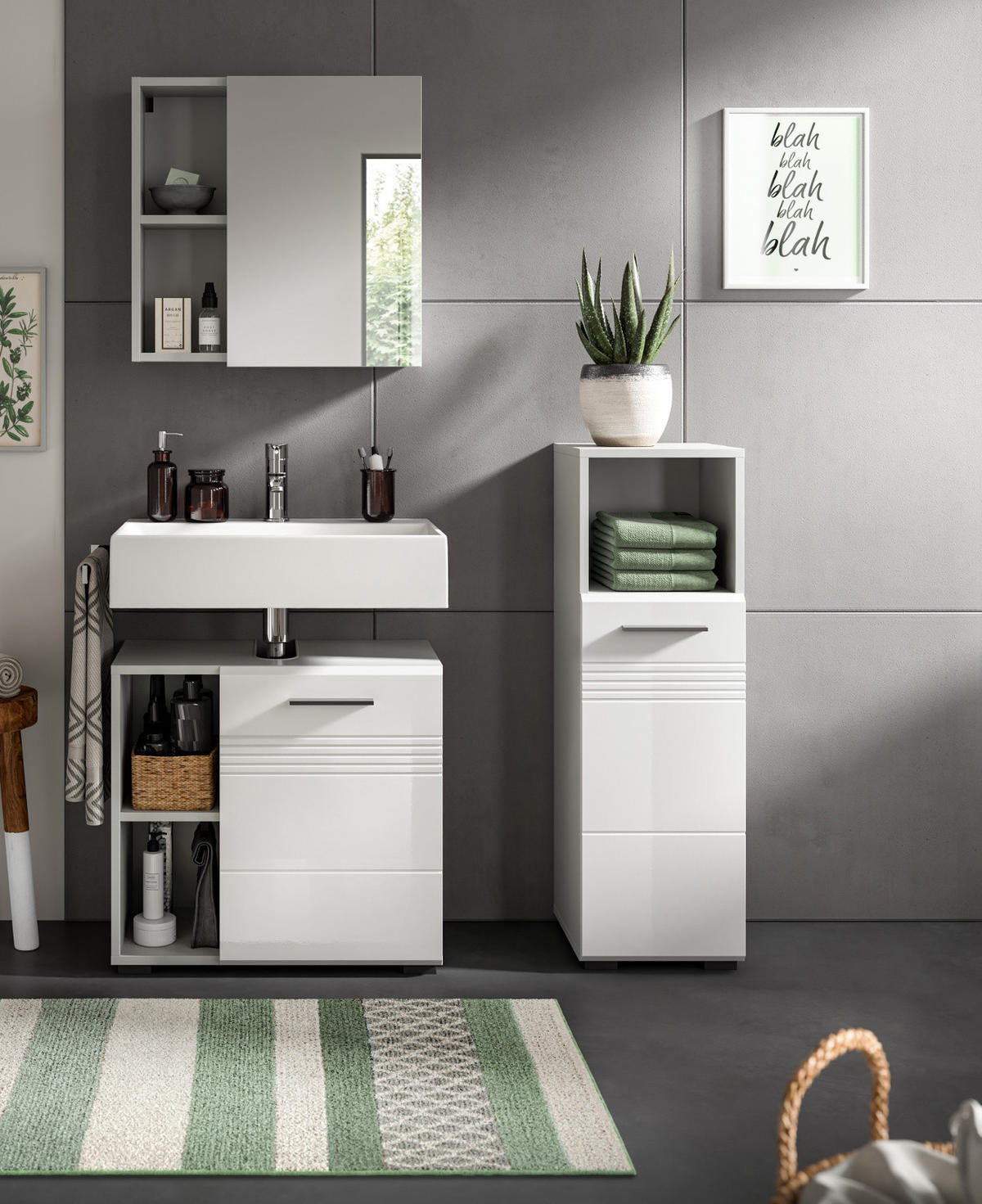 BADMÖBEL-SET 3-teilig weiß Hochglanz, grau 105 cm, Komplettset mit Soft-Close - Weiß Hochglanz/Grau, Glas/Holzwerkstoff (105/190/32cm) - Inn.Furn