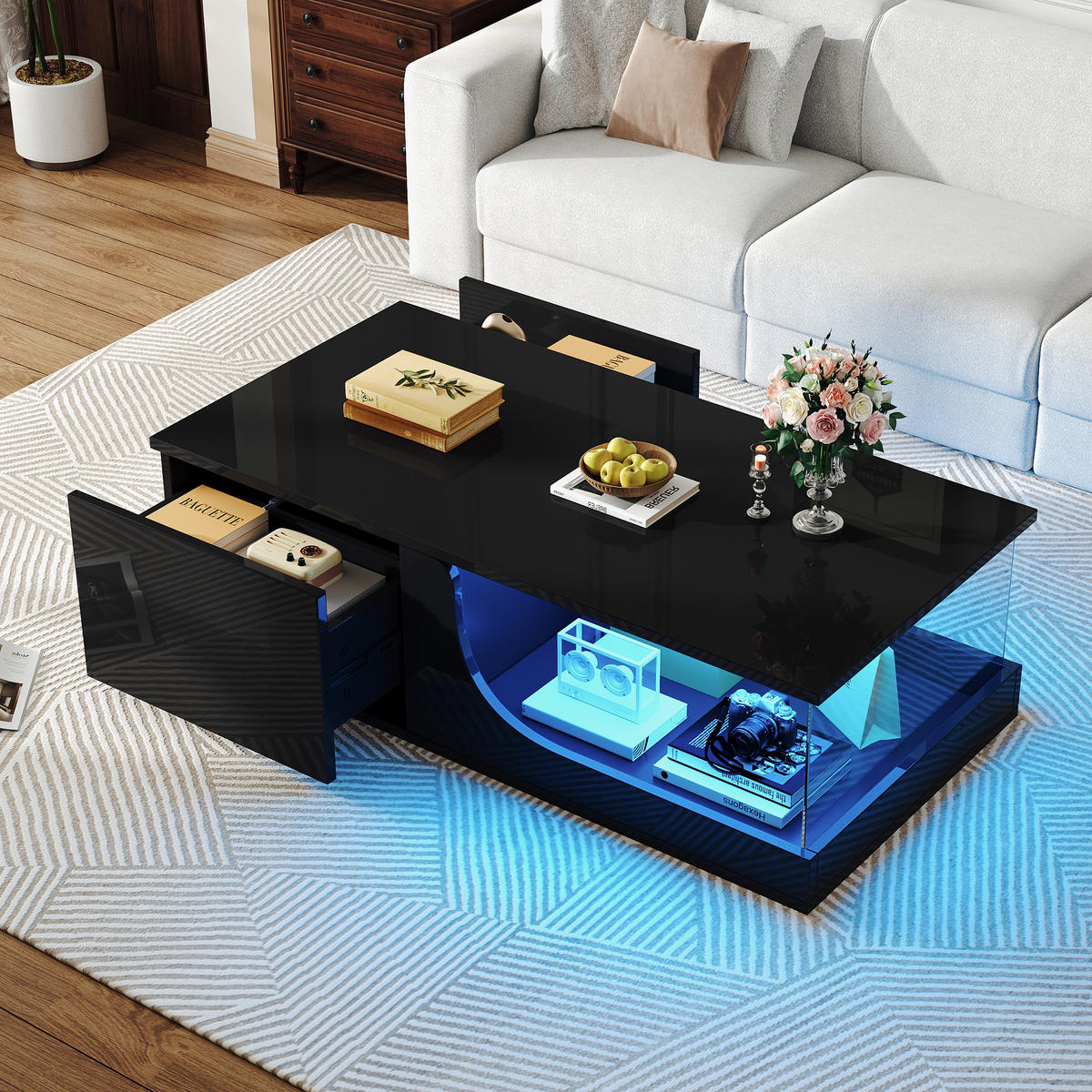 COUCHTISCH LED Schwarz 2 Schubladen Glas 100x50x30cm Hochglanz - Schwarz, Holzwerkstoff (100/50/30cm) - FLIEKS